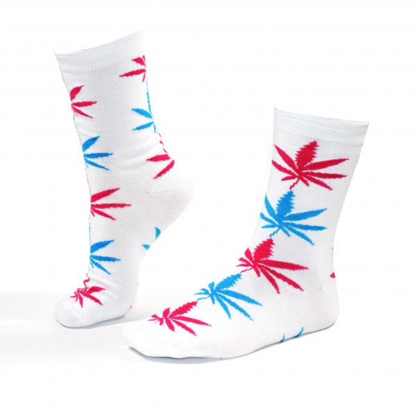 Damen Socken Lang Weiß mit blau pinken Hanfblättern Gr. 36-42
